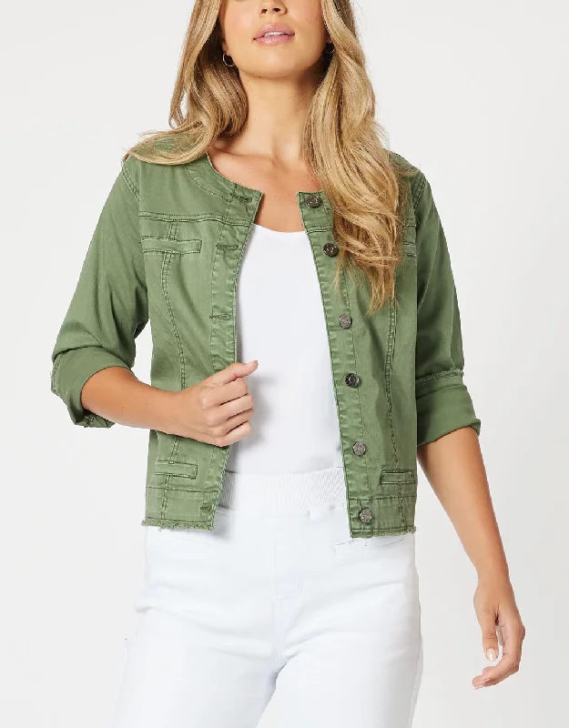 Collarless Denim Jacket - Khaki Light Wash Denim Skirt