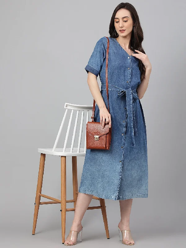 Blue Denim Solid Straight Western Dress Denim Skirt Look