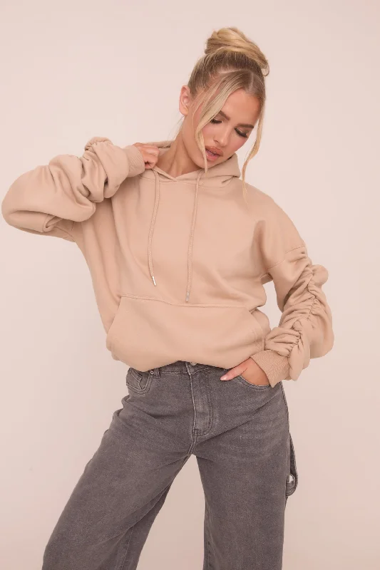 Beige Ruched Sleeve Oversized Hoodie - Lorna Casual Sweater Pullover