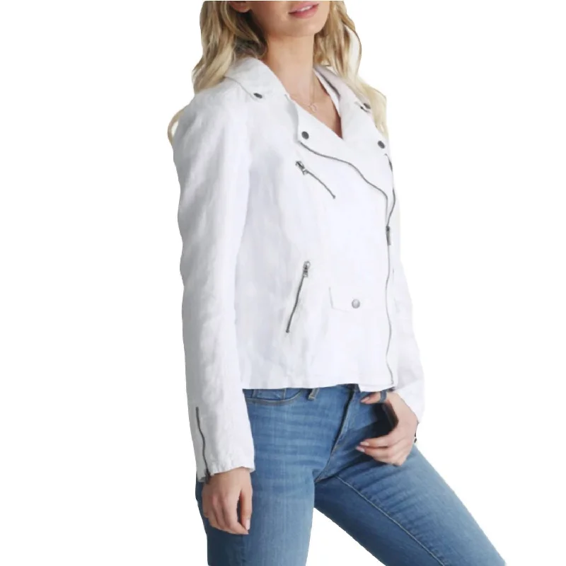 Aspen Linen Moto Jacket In White Trendy Women’s Blazers