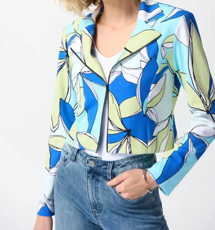 Silky Knit Floral Print Fitted Jacket In Vanilla Multi Oversized Blazer Look