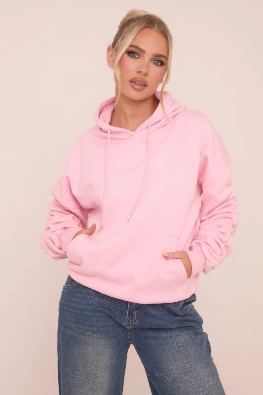 Pink Ruched Sleeve Oversized Hoodie - Lorna Stylish Knit Pullover