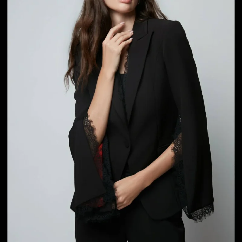 Blazer With Lace And Red Lining In Black Printed Blazers for Women