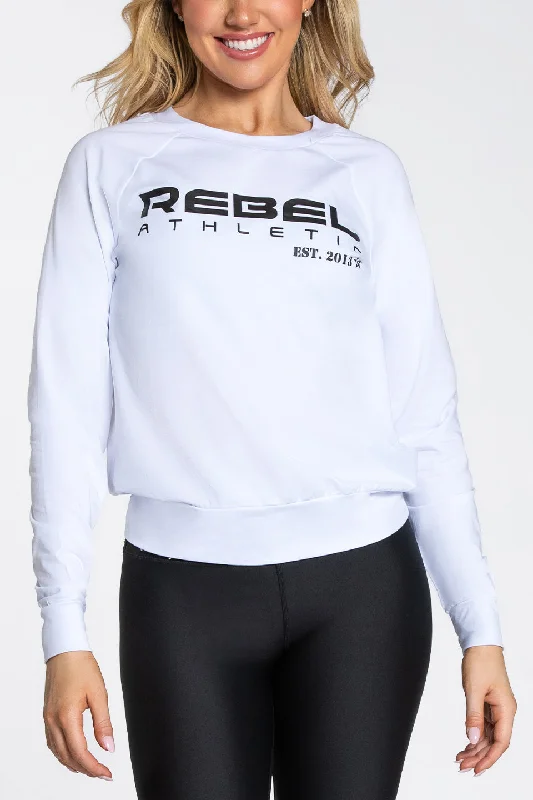 Rebel Athletic Long Sleeve in White Pullover Sweater with Design