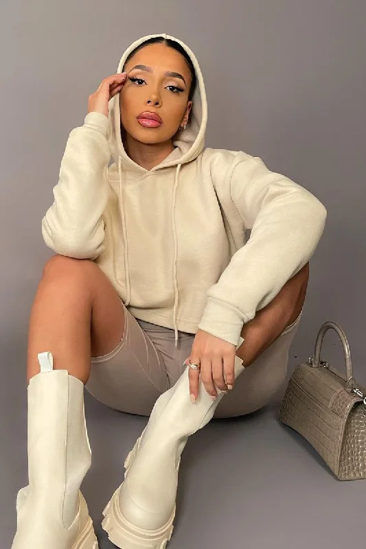 Beige Box Fit Cropped Hoodie - Neala Comfortable Pullover Sweatshirt