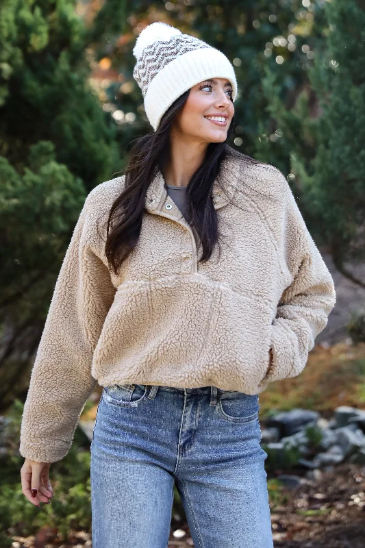 Hit The Slopes Beige Sherpa Pullover - DOORBUSTER Street Style Hoodies