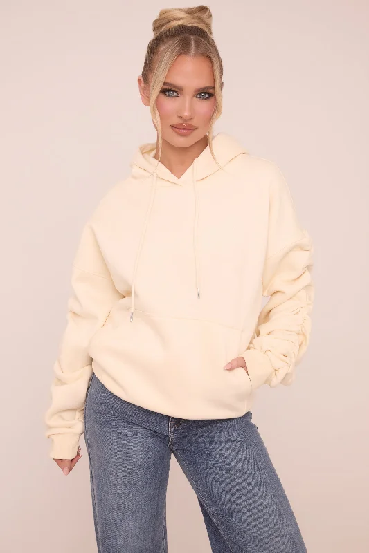 Cream Ruched Sleeve Oversized Hoodie - Lorna Basic Pullover Sweater