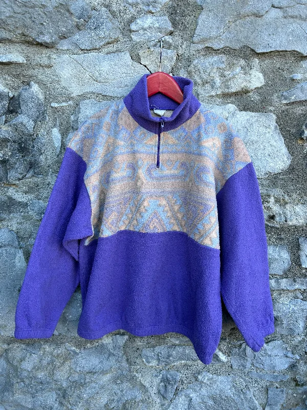 80s Aztec purple fleece  12-13y (152-158cm) Pullover Sweater with Hood