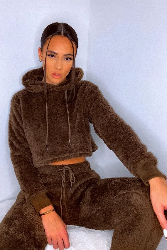 Chocolate Cropped Teddy Hoodie - Amyia Cozy Women’s Pullovers