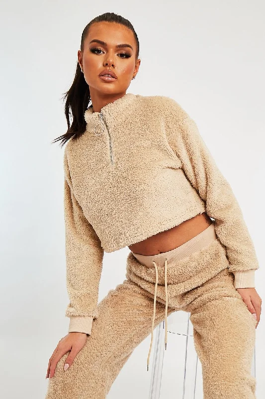 Stone Cropped Zip Front Teddy Jumper - Brady Pullover with Button Detail