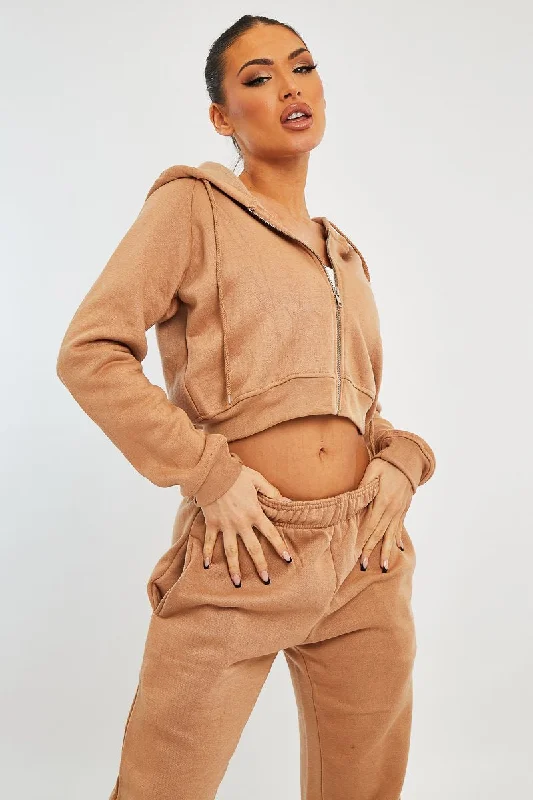 Camel Zip Up Cropped Hoodie - Skarlet Warm Pullover Sweatshirt