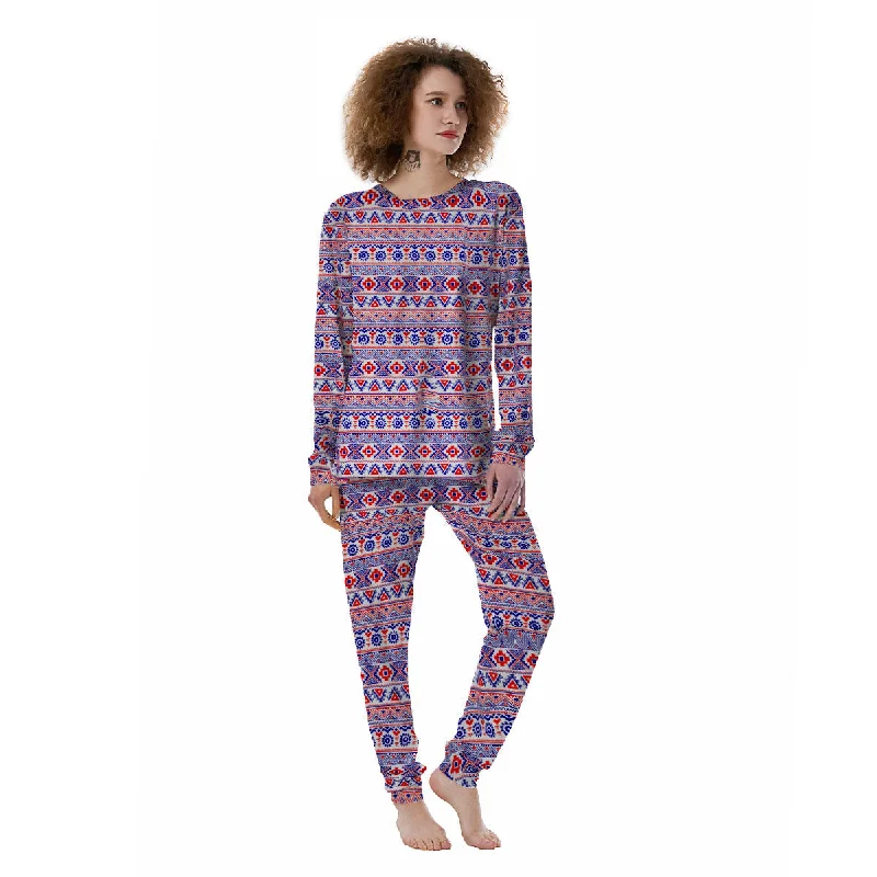 Aztec Red And Blue Print Pattern Women's Pajamas Movie night pajama sets