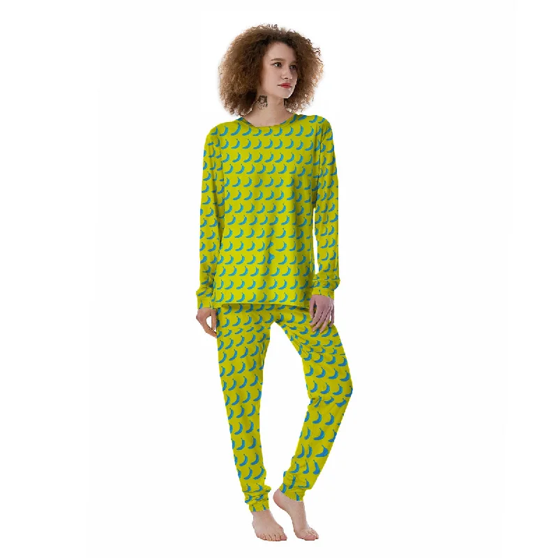 Banana Yellow And Blue Print Pattern Women's Pajamas Unisex pajama sets