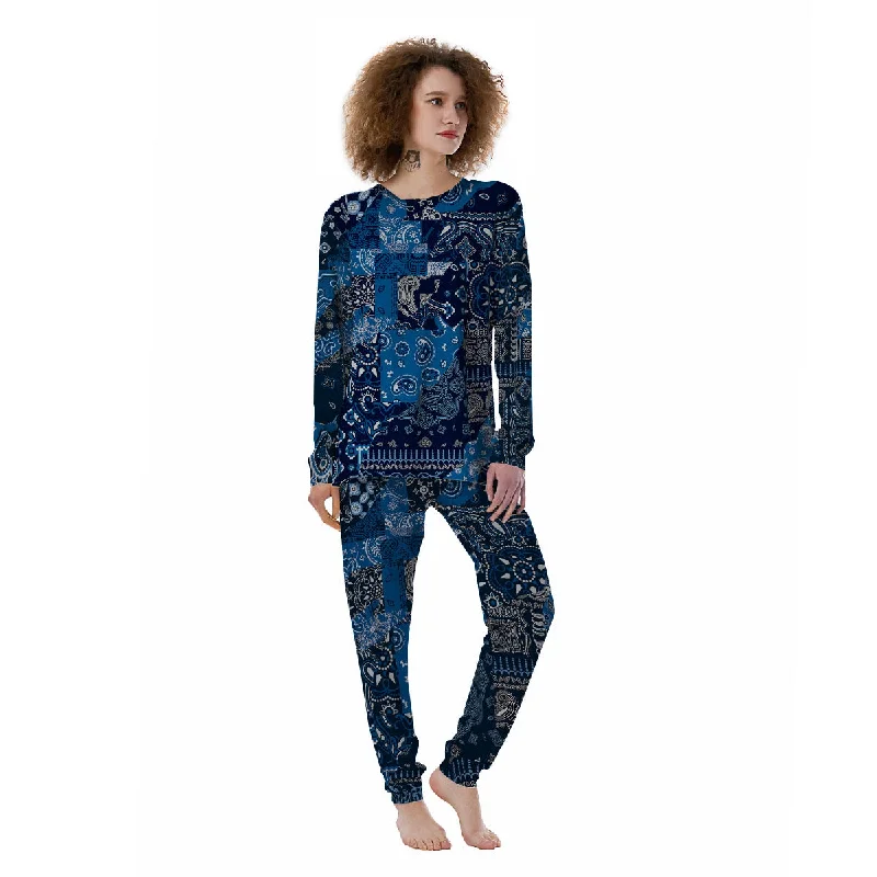 Bandana Blue Paisley Print Pattern Women's Pajamas Pajama sets with pockets