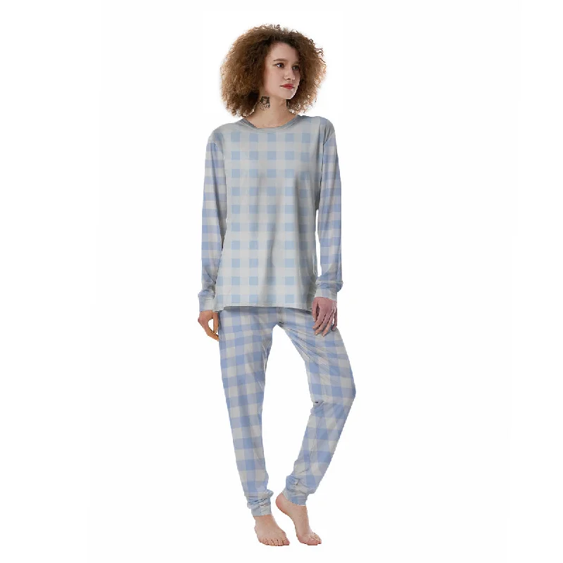 Blue Cornflower And White Gingham Print Women's Pajamas Best pajama sets for honeymoon