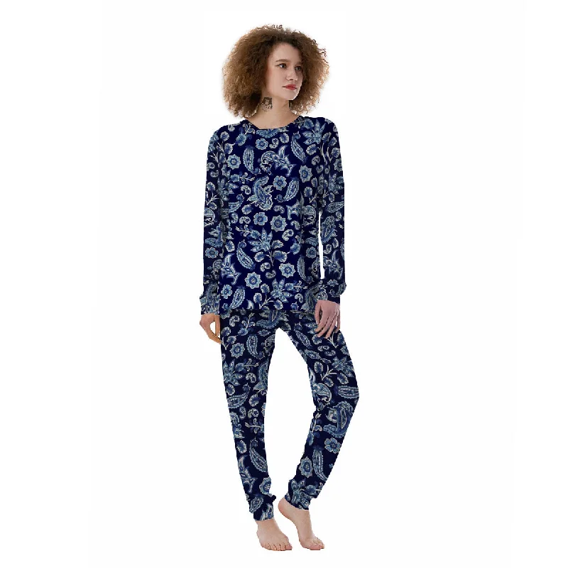 Blue Paisley Print Pattern Women's Pajamas Luxury pajama sets