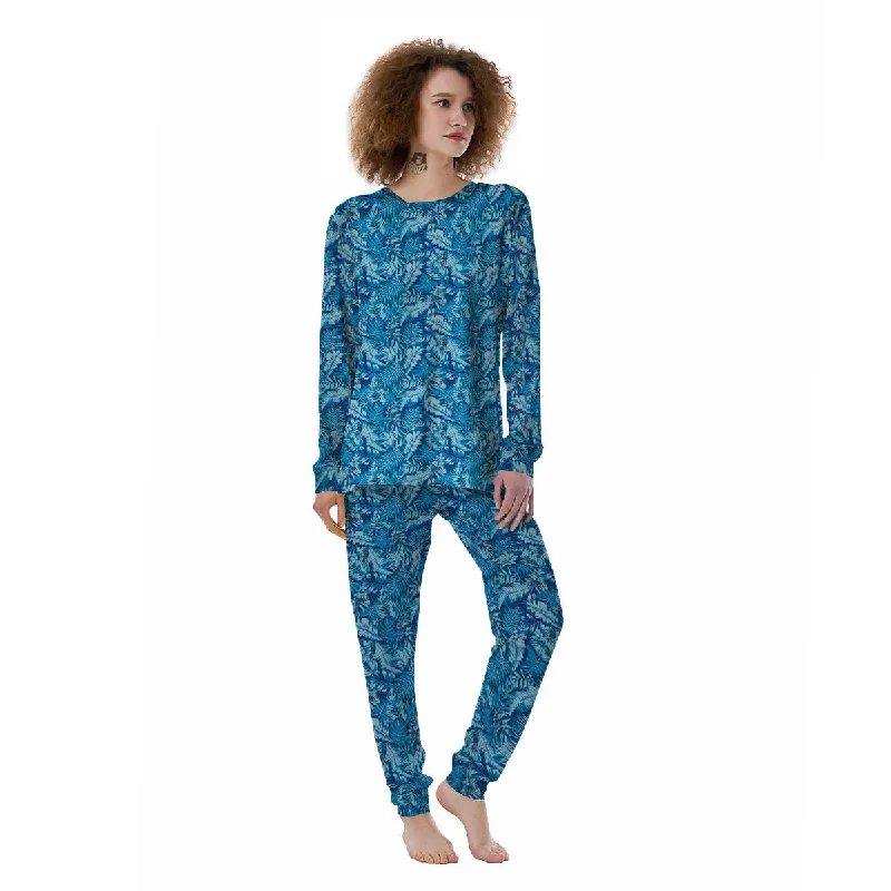 Blue Tropical Leaves Print Women's Pajamas Target pajama sets