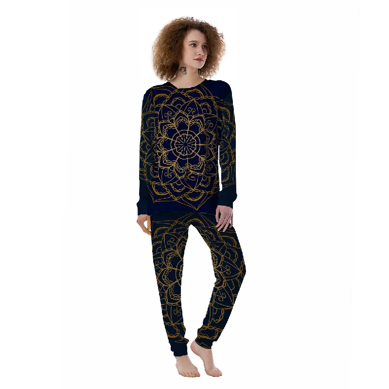 Bohemian Mandala Gold And Blue Print Women's Pajamas Short sleeve pajama sets