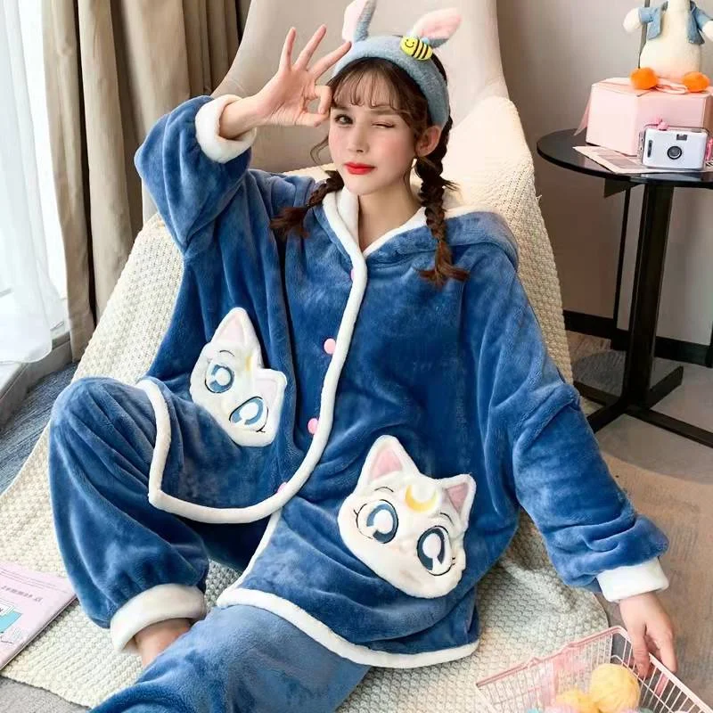 Sailor Moon Artemis Inspired Flannel Hooded Pajama Set Kawaii Cute Velvet pajama sets