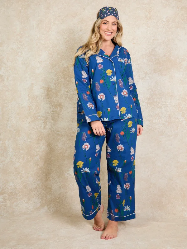 Womens Cotton Traditional Pyjamas Navy Field Flowers Print Boho pajama sets