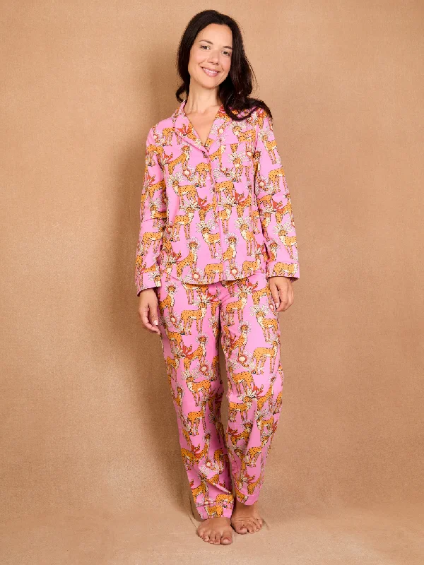 Womens Cotton Traditional Pyjamas Pink Untamed Cheetah Three-piece pajama sets