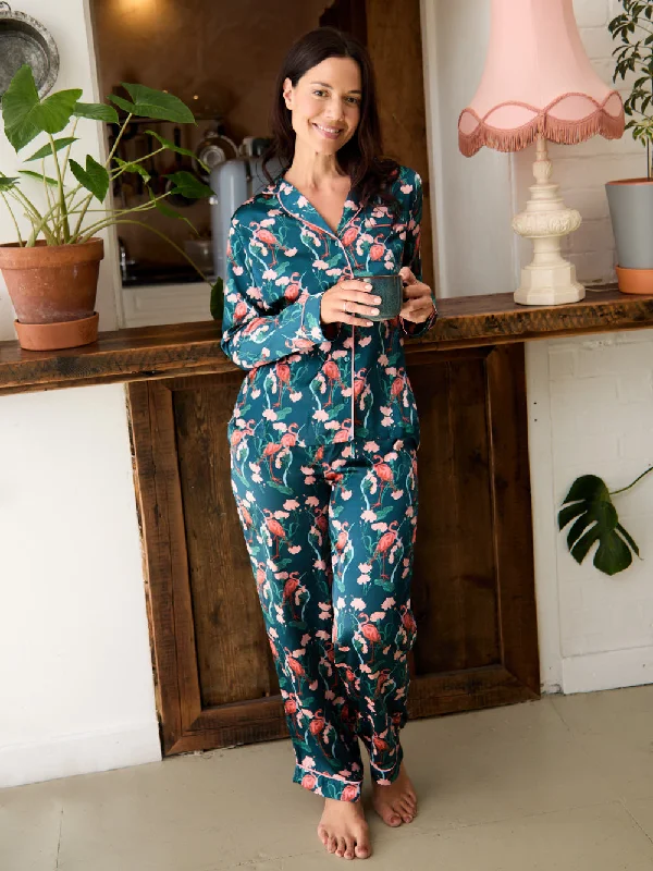 Womens Satin Traditional Pyjamas Navy Flamingo Summer pajama sets