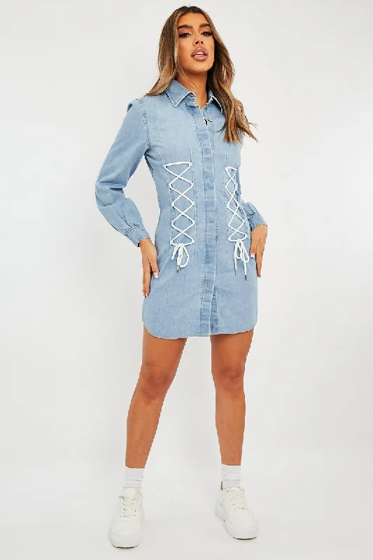 Blue Corset Lace Front Denim Mini Dress - Galya Fall mini dresses