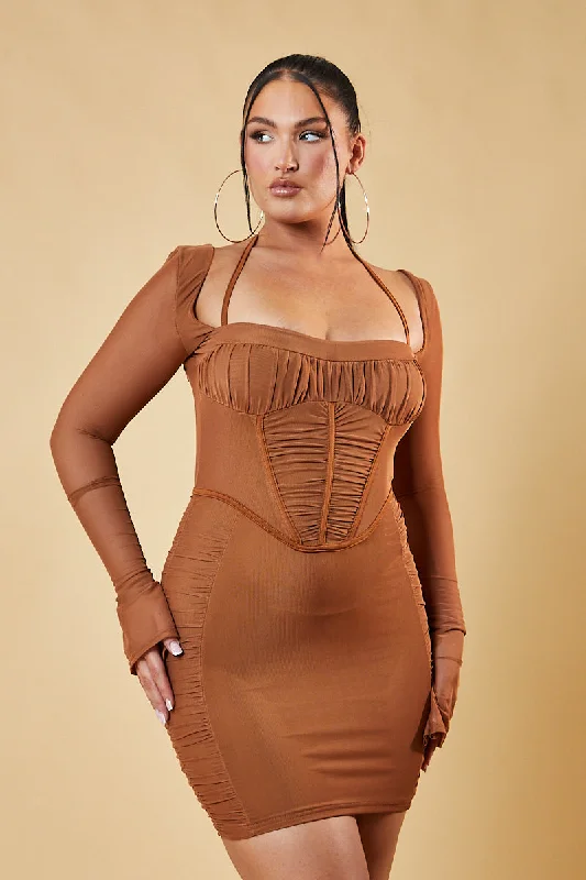 Brown Corset Detail Bodycon Mini Dress - Ivy Satin mini dresses