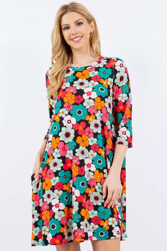 Floral Three-Quarter Sleeve Dress Comfortable mini dresses for everyday wear