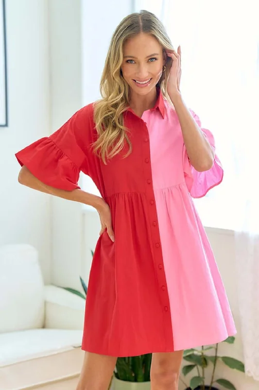 Color Blocked Button Down Babydoll Dress A-line mini dresses