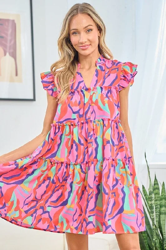 Printed Ruffle Cap Sleeve Tiered Dress H&M mini dresses