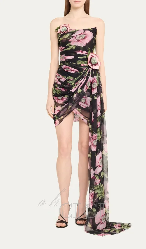 FLORAL PRINTED STRAPLESS DRAPED MINI DRESS Designer mini dresses