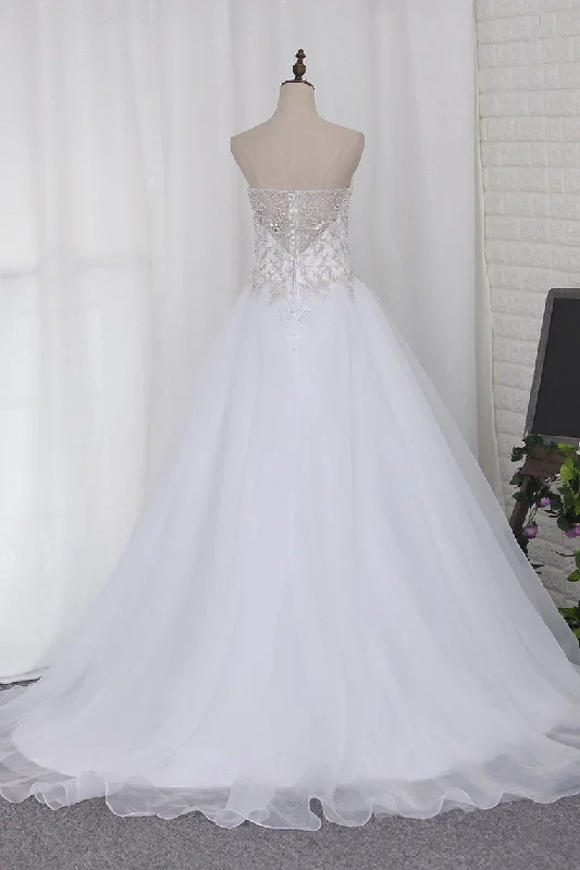 A Line Sweetheart Beaded Bodice Wedding Dresses Organza Court Train Off-shoulder Wedding Gown