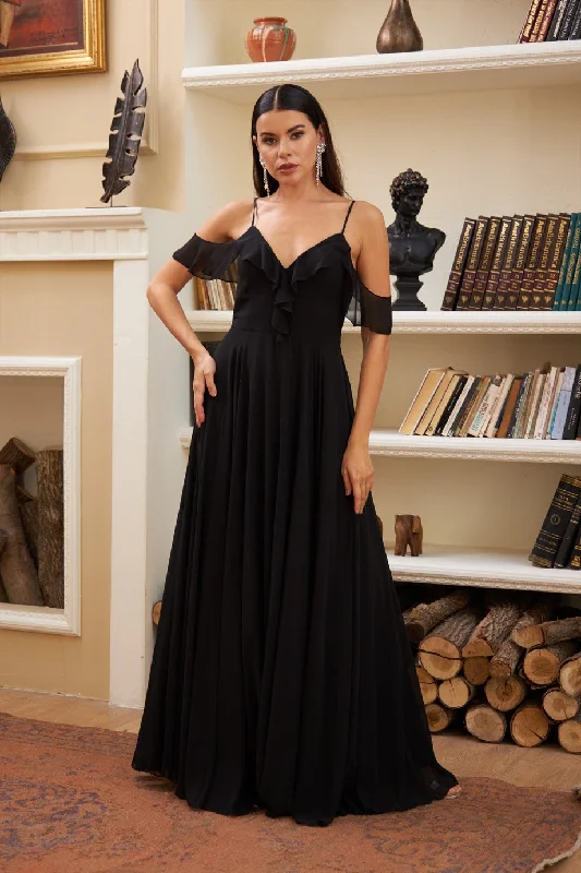 Angelino Black Chiffon Chest Long Evening Dress with Foward Vintage Style Dress