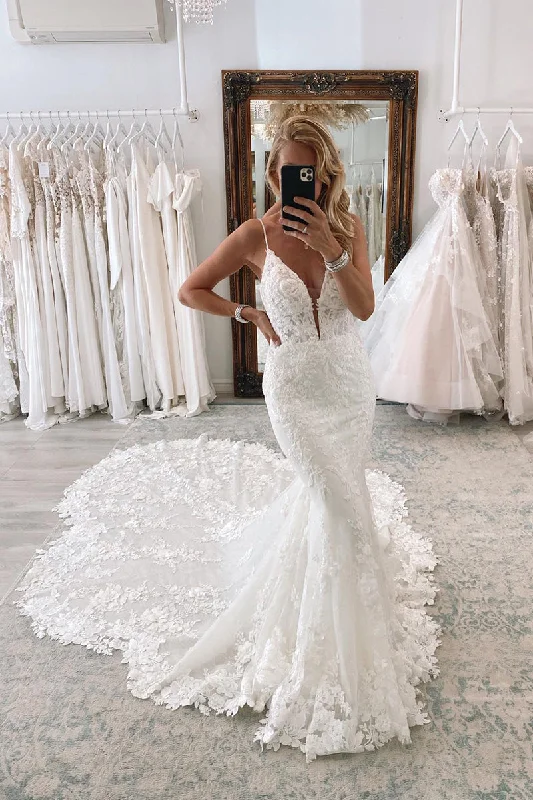 Plunging V -neck Spaghetti Straps Allover Lace Mermaid Wedding Dress QW2140 Luxury Wedding Dress