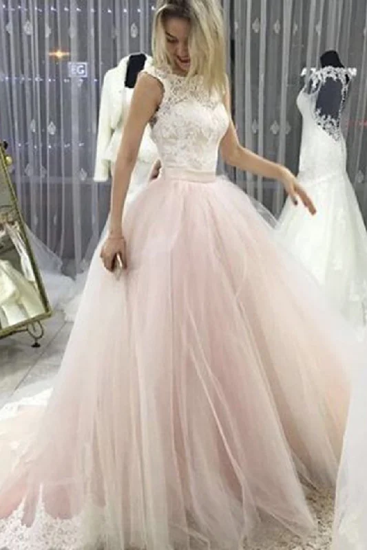 Charming Open Back Round Neck Lace Wedding Dresses Ball Gown with Bowknot Classic Bridal Dress