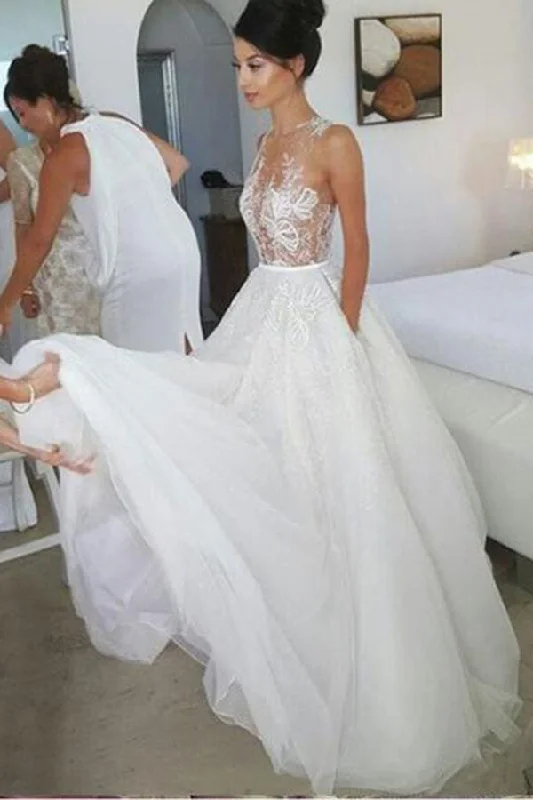 Chic Sleeveless A Line Tulle Lace Wedding Dresses Floor Length with Appliques Elegant Bridal Gown