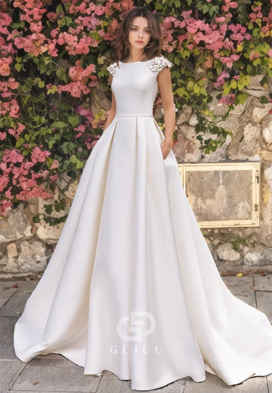 A-Line High Neck Cap Sleeves Appliques Long Satin Wedding Dress with Train Romantic Wedding Dress