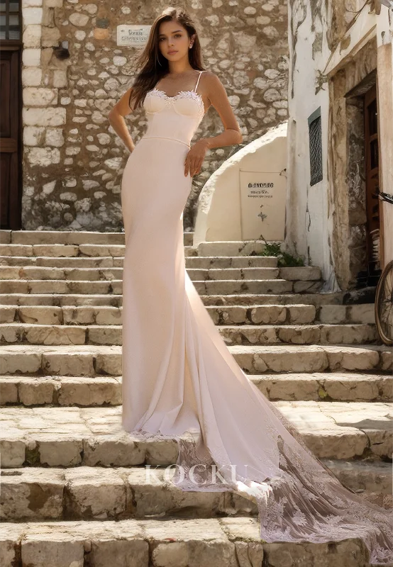 Spaghetti Straps Sweetheart Sheath Wedding Dress Sleeveless Bridal Gowns with Appliques Lace Train Wedding Dress Long