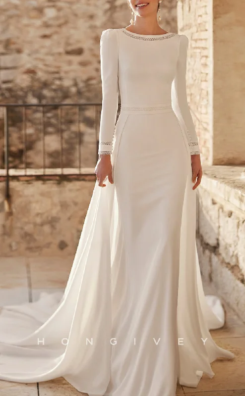 H1761 - Elegant Satin Fitted Scoop Long Sleeve Beaded With Train Wedding Dress Elegant Satin Dress