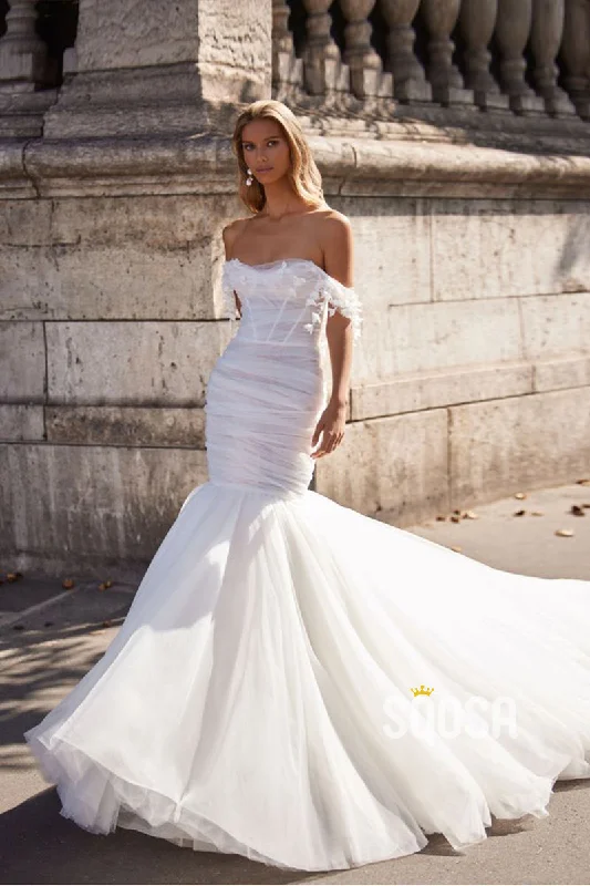 Strapless Tulle Pleats Mermaid Wedding Dress with Court Train QW2235 Formal Wedding Dress