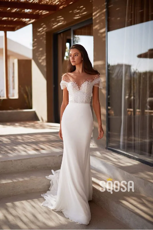 Illusion Neckline Pearls Short Sleeves Mermaid Wedding Dress QW2391 Wedding Dress Long