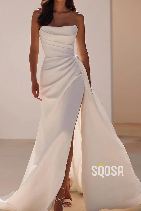 Satin Bateau Sleeveless  Empire Pleats With Side Slit Wedding Dress QW8183 Princess Wedding Dress