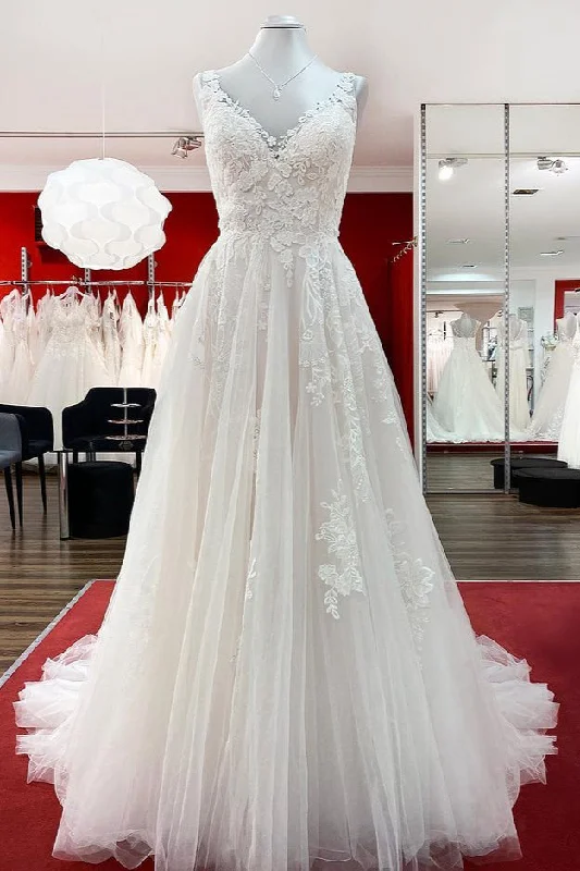 Elegant A-line Tulle V-Neck Open Back Wedding Dress With Lace Ruffles Illusion Neckline Gown