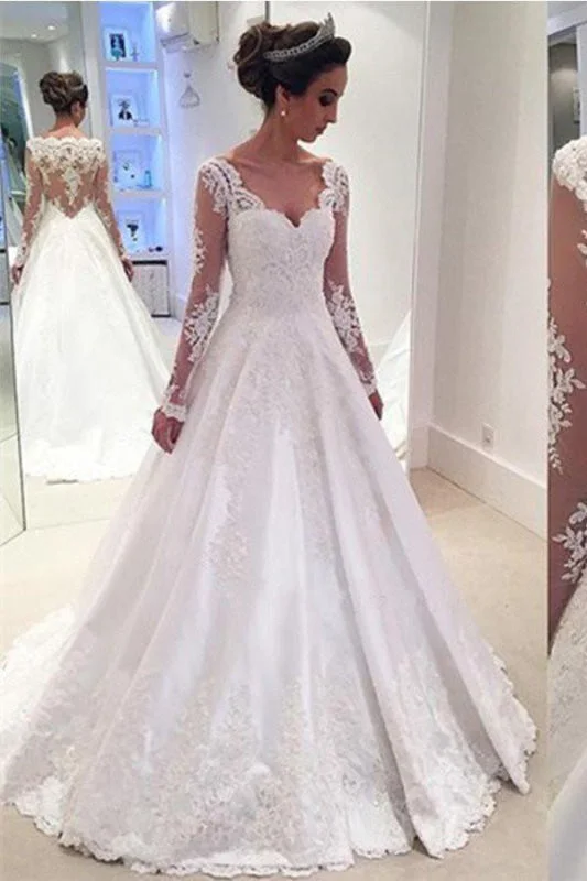 Elegant A-line V Neck Long Sleeves Wedding Dress Glamorous Wedding Dress