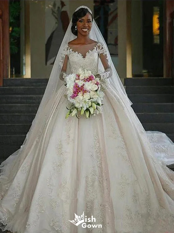 Elegant Illusion Full Sleeve Applique Ball Gown Popular Bridal Long Wedding Dresses, WDH088 A-line Wedding Gown