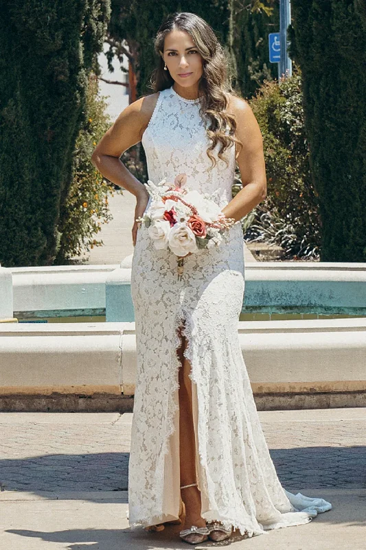 Ivory Open Back Boho Lace Wedding Dress With Front Slit Beaded Bridal Gown