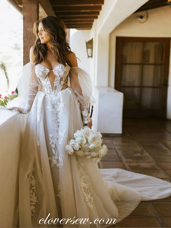 Lace Applique Long Lantern Sleeves Off The Shoulder Ball Gown Wedding Dresses, CW0345 Silk Wedding Gown