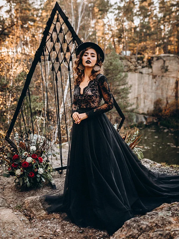 Long Sleeves A-line Wedding Dresses, Black Lace Fashion Bridal Gowns, Newest Wedding Dresses Vintage Wedding Gown