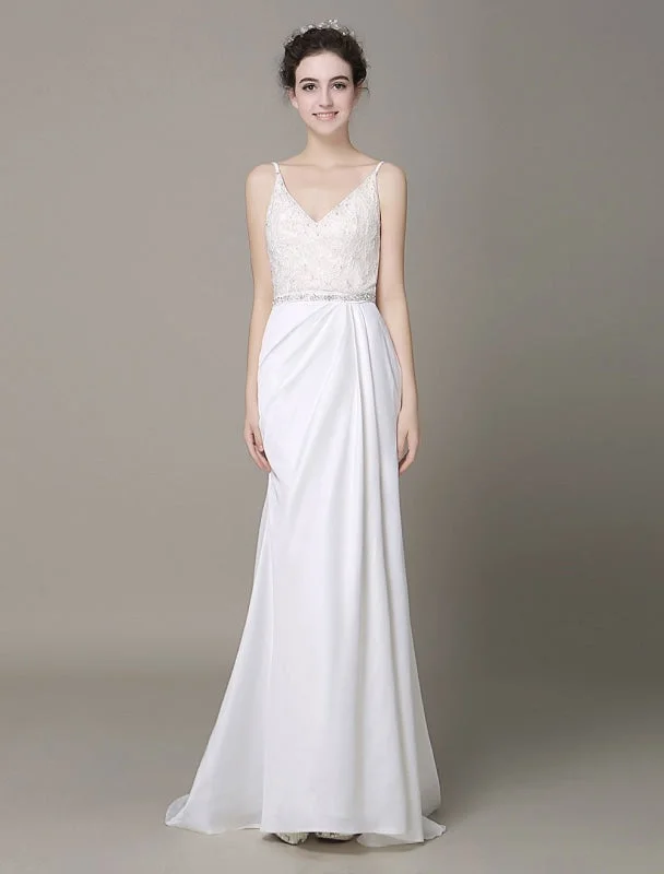 Satin Sheath Wedding Dress Plunging Neckline Bow Back Belt Lace Beading Evening Dress Milanoo Sheer Wedding Dress